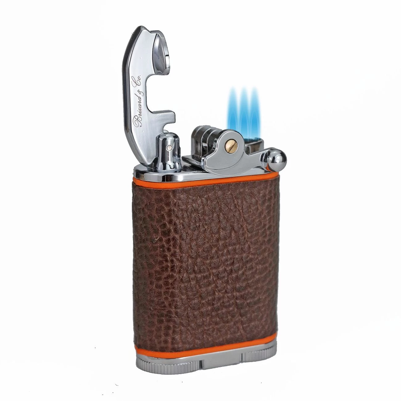 Brizard & Co. Gatsby Full Grain Brown And Orange Leather Triple Torch Flame Table Lighter - Image 2