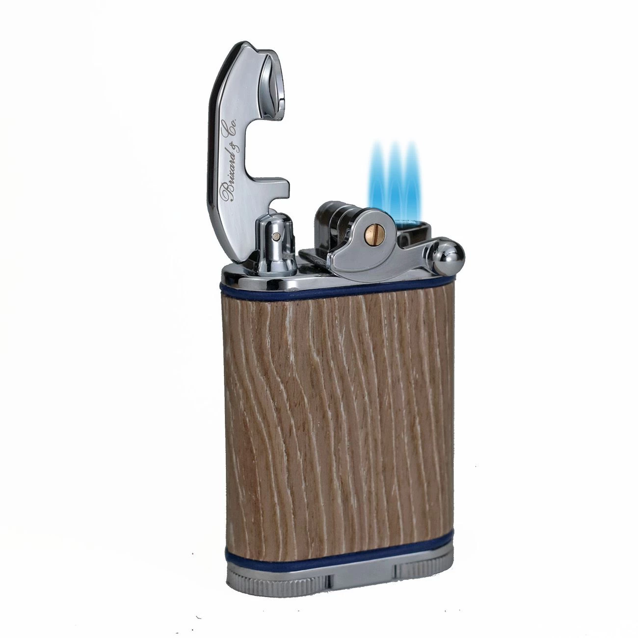 Brizard & Co. Gatsby Bleached Oak Wood And Blue Leather Triple Torch Flame Table Lighter - Image 2