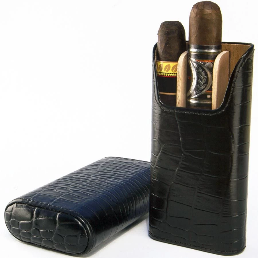 BrizardShowband Croco Pattern Black Leather Cigar Case - Made In USA