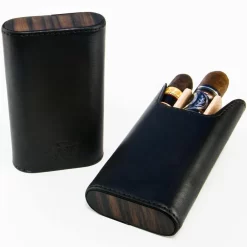 BrizardSunrise Black Leather And Ebony Flat Top Cigar Case - Made In USA