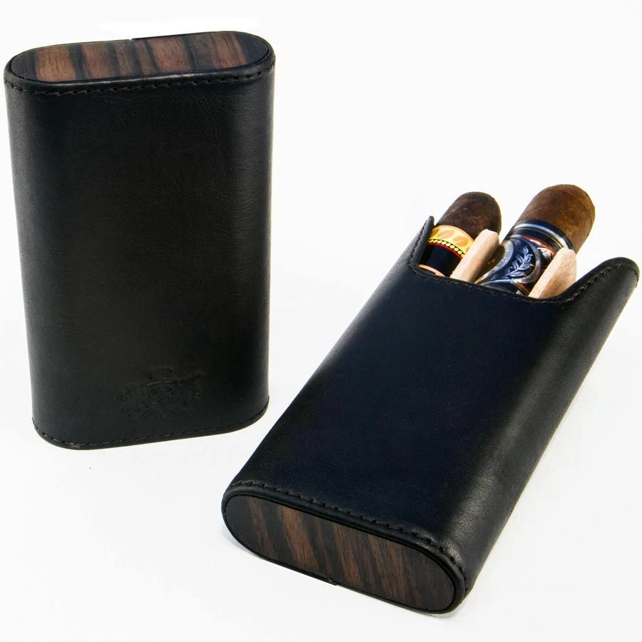 BrizardSunrise Black Leather And Ebony Flat Top Cigar Case - Made In USA