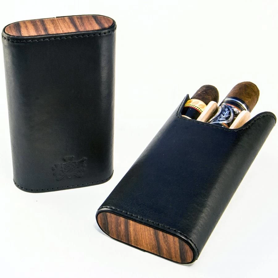 BrizardSunrise Black Leather And Rosewood Flat Top Cigar Case - Made In USA