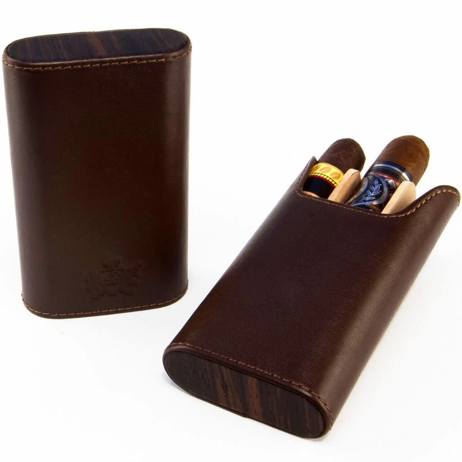 BrizardSunrise Coffee Leather And Ebony Flat Top Cigar Case - Made In USA