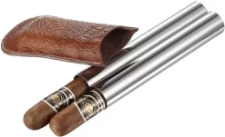 Visol Holster Stainless Steel And Brown Leather Dual Cigar Tube