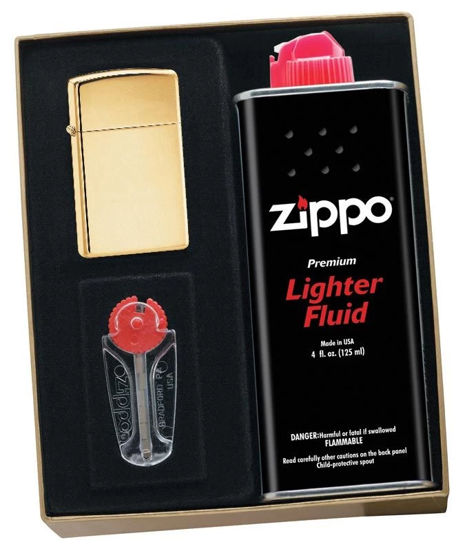 Zippo High Polish Brass Slim Lighter Gift Kit - Ships By Ground Only