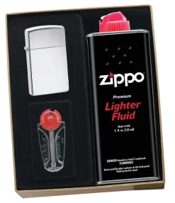Zippo High Polish Chrome Slim Lighter Gift Kit - Ships By Ground Only